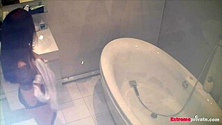 Spying on stepdaughter Scarlett toying wild in bathroom.