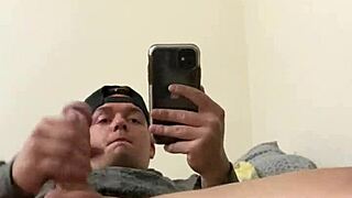 Blonde sexy frat guy masturbates his monster cock in mirror and shoots cumshot