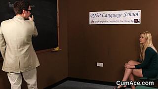 That bombshell is sucking and getting bukkake cumshots on her face