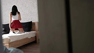 Petite 18+ Stepsister Masturbates Wet Pussy and Rides for Silence in Voyeur Scene. Upskirt View Included.