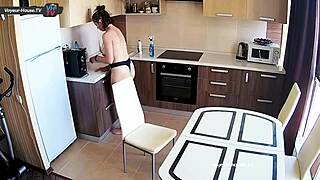 Big Tits Beauty Cleans Kitchen Topless