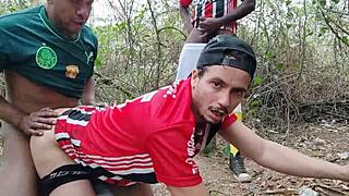 Big-dicked guys fuck passionately in the woods, their monster cocks slamming hard