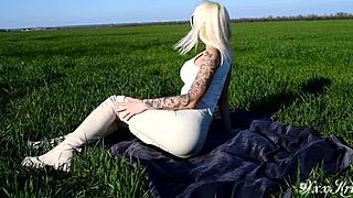 Tattooed Girl with Big Boobs Gets Doggystyle Sex in the Field. Her Juicy Pussy Gets Creampied, Cum on Ass, Blowjob, and Guy Eats Own Cum.