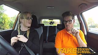 Fake driving school features three creampies with ebony girls and blonde geek.