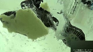 Asian girl stomps noodles in shoes for foodcrush fetish