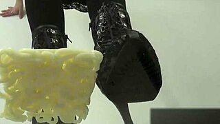 Asian girl stomps noodles in shoes for foodcrush fetish