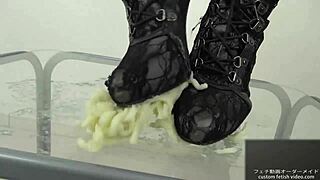 Asian girl stomps noodles in shoes for foodcrush fetish