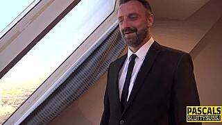 the submissive blonde fetishist jerks off her master in this bdsm scene