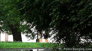 Hot woman gets facial cum in wild public street threesome with two guys