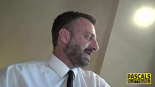 the submissive blonde fetishist jerks off her master in this bdsm scene