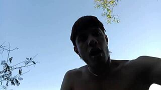 latino touches himself in the forest before getting caught.