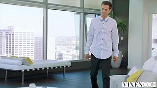 Beautiful brunette hooks up with giant cock for bent over titty fuck cum