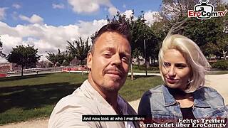 Skinny Blonde in Nylons Dates German Tourist for Hardcore