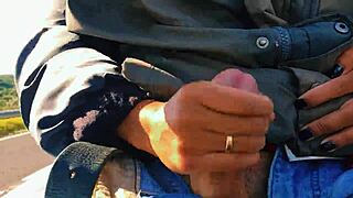 Hotwife's Naughty Public Jerking Off Session Explodes! Almost Caught on Road!