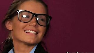 Horny peach swallows cum load on face