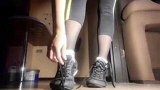 man, those sweaty feet after training got me staring at her shaved russian pussy and big tits!