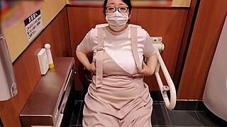 hey, japanese milf masturbates in store toilet during shopping!