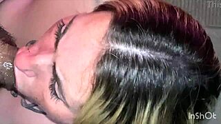 latina blonde amateur gives deepthroat blowjob to black friend, swallowing cum.