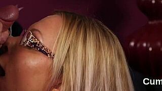 in this pov blowbang, the feisty looker sucks and swaps cum, getting a facial bukkake.