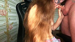 Close up of a 19-year-old girl giving a blowjob and getting cum on her face