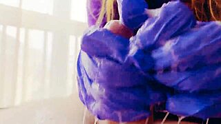 Redhead Amateur Masturbates Big Cock in Gloves and Cums a Lot