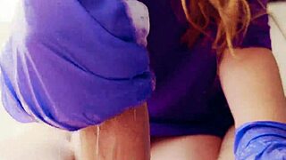 Redhead Amateur Masturbates Big Cock in Gloves and Cums a Lot