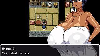 Tanned girl Natsuki in hentai game episode thirteen, loving cum on massive tits.