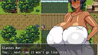 Tanned girl Natsuki in hentai game episode thirteen, loving cum on massive tits.