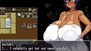 Tanned girl Natsuki in hentai game episode thirteen, loving cum on massive tits.