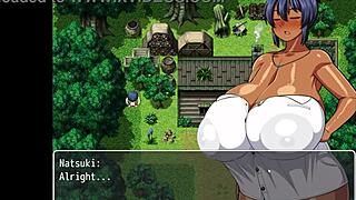 Tanned girl Natsuki in hentai game episode thirteen, loving cum on massive tits.