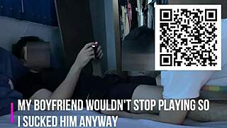 My boyfriend won't stop playing PlayStation, but I'm so horny I swallow his cum anyway