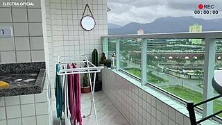 Employee cleans in mini shorts, showing huge ass!