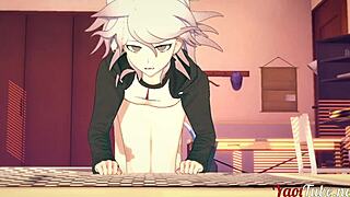 In Dangan Ronpa 2, Ouma gives Nagito a blowjob before bareback doggy creampie.