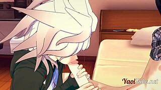 In Dangan Ronpa 2, Ouma gives Nagito a blowjob before bareback doggy creampie.