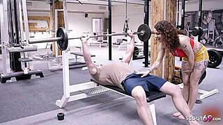 Detailed gym encounter: athletic mature woman with big boobs surprises stranger in german fitness center, allowing creampie during hardcore sex