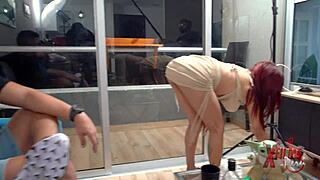 two guys sodomize petite redhead in living room 😈