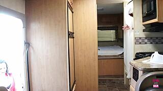 a brunette with big tits got her cunt drilled rough on the counter in doggystyle