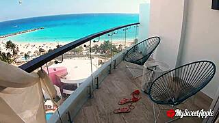 Public balcony sex ends with a massive facial after beach fun