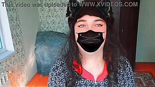 The sissy crossdresser in sexy dress rides cowgirl.