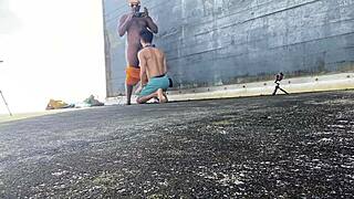 Just hanging out as Daddyblackxxx1 bangs Ericsockz in wild outdoor black gay action.