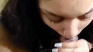 Bikini dancer gives black cock a deepthroat blowjob in POV homemade video