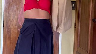 Brunette with long hair in hentai uniform routine before college sex