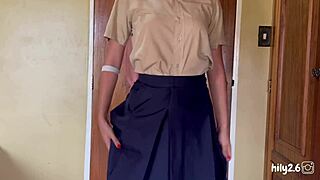 Brunette with long hair in hentai uniform routine before college sex