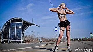 This beautiful inked girl in lingerie worked the streets. Big boobs got cum after outdoor blowjob!