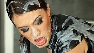 cum-covered lesbian babe uses strapon toys 😏