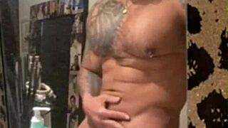 Tattooed Viktor Rom, huge cock Latino, masturbating in bathroom, so horny!