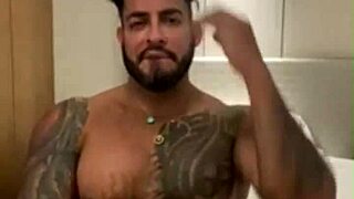 Tattooed Viktor Rom, huge cock Latino, masturbating in bathroom, so horny!