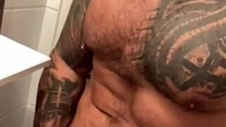 Tattooed Viktor Rom, huge cock Latino, masturbating in bathroom, so horny!