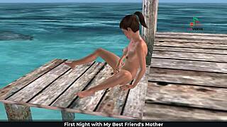 Animated 3D cartoon of a cute girl playing with herself on the beach using fingers and banana.
