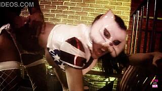 A guy discovers a naughty brunette in a kitty mask eager for a facial.